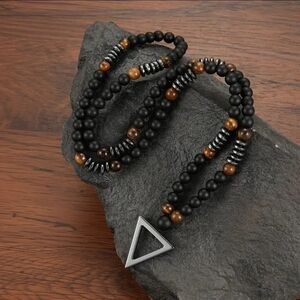 Men's Black & Brown Beaded Triangle Pendant Necklace